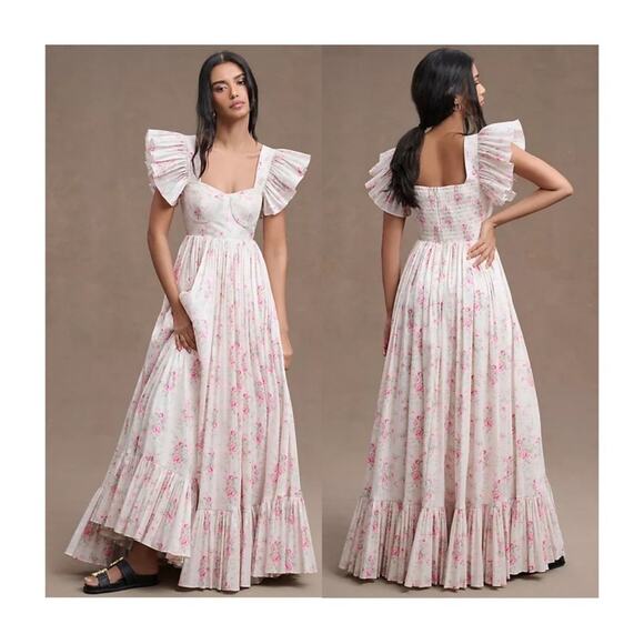 Maison Amory French Chateau Floral Flutter-Sleeve Gown